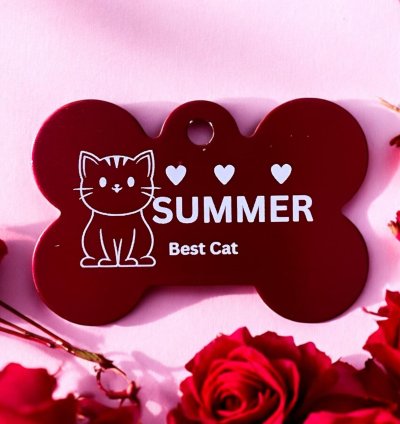 Red Metallic Cat Tag - Bold, Customizable, and Durable